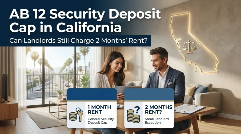 AB 12 security deposit cap in California showing one month rent limit and two months rent small landlord exception